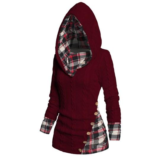 

Yousheng Винтажный лоскутный клетчатый вязаный свитер с пуговицами, декорированный в стиле повседневный с длинным рукавом и капюшоном, женская толстовка с капюшоном на осень-зиму средней длины S абрикосовый