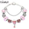 New Valentine's Romantic Pink Heart Charm Bracelet & Bangle Fine Crystal Diy Bead Bracelet Jewelry for Women Girl Gift