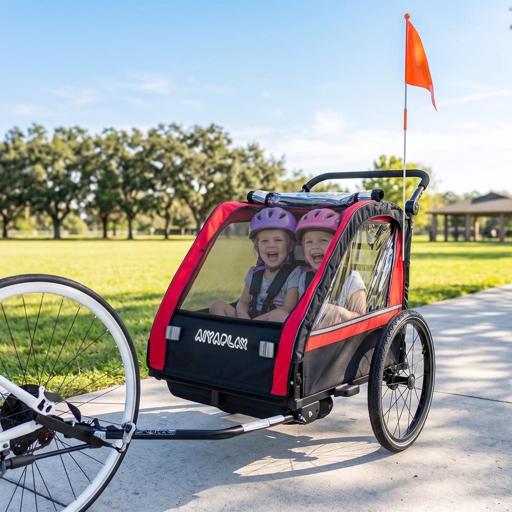 Child Bike Trailer 2 In 1, Baby Bike Stroller 2 Seats, Adjustable Handlebar, Hand Brake, Seat Belt, Red