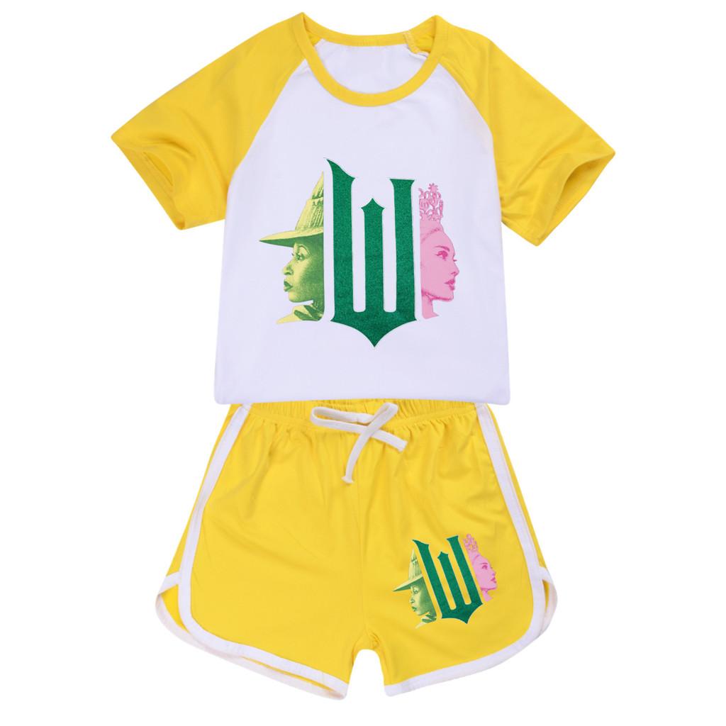 

Kids Girls Witch Print Short Sleeves T-Shirt Shorts Pants Sport Clothes Set 170cm жовтий