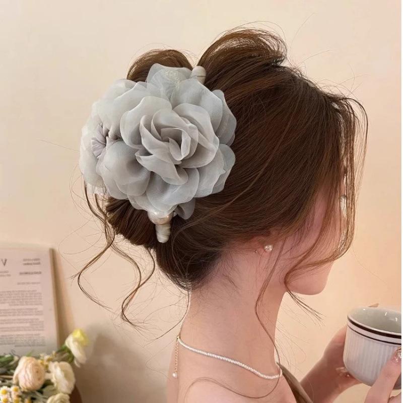 Elegant Delicate Large Fabric Mesh Rose Flower Hair Clip For Women Girls Imitation Pearl Floral Shark Clip Hair Accessories