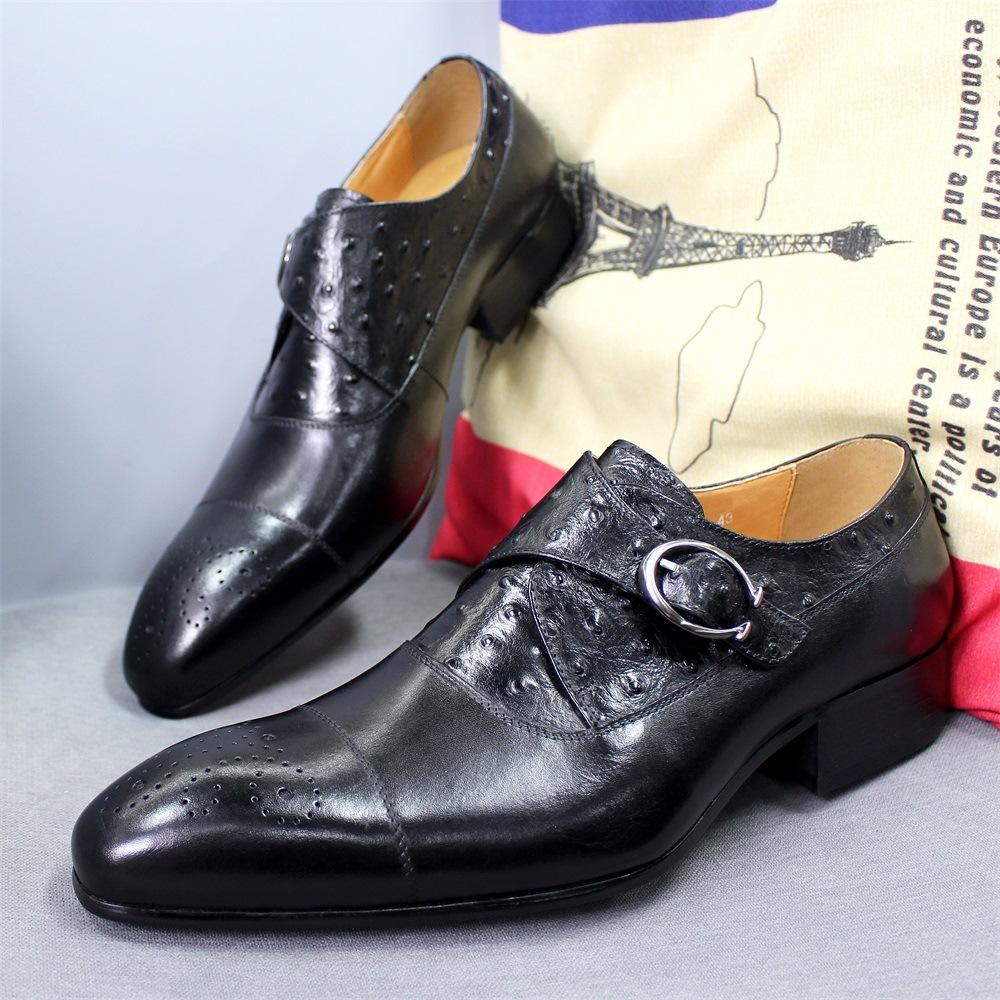 Men'S Leather Shoes Leather Ostrich Embossed Buckle Pointed Business Dress Office Men'S Shoes