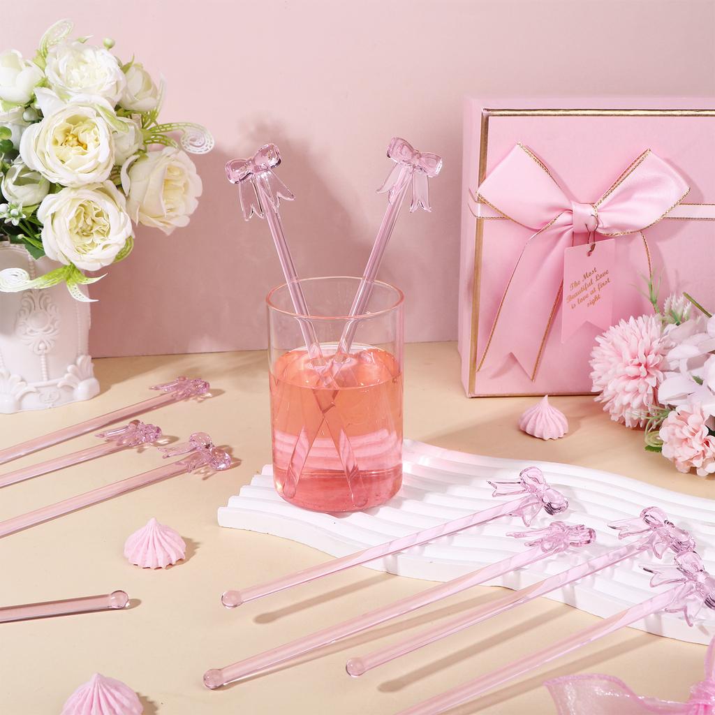 20 Pack Glass Swizzle Stick Coffee Cocktail Juice Milk Drink Swizzle Stick Pink Bow Glass Stir 7.24" For Coquette Themed Drinks,,