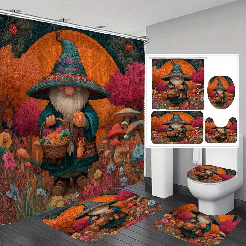 

4pcs Autumn Elf Garden Printed Shower Curtain Set, Ring Multi Size, Decorative Bathroom Set Includes Shower Curtain, Non-Slip 90x180cm