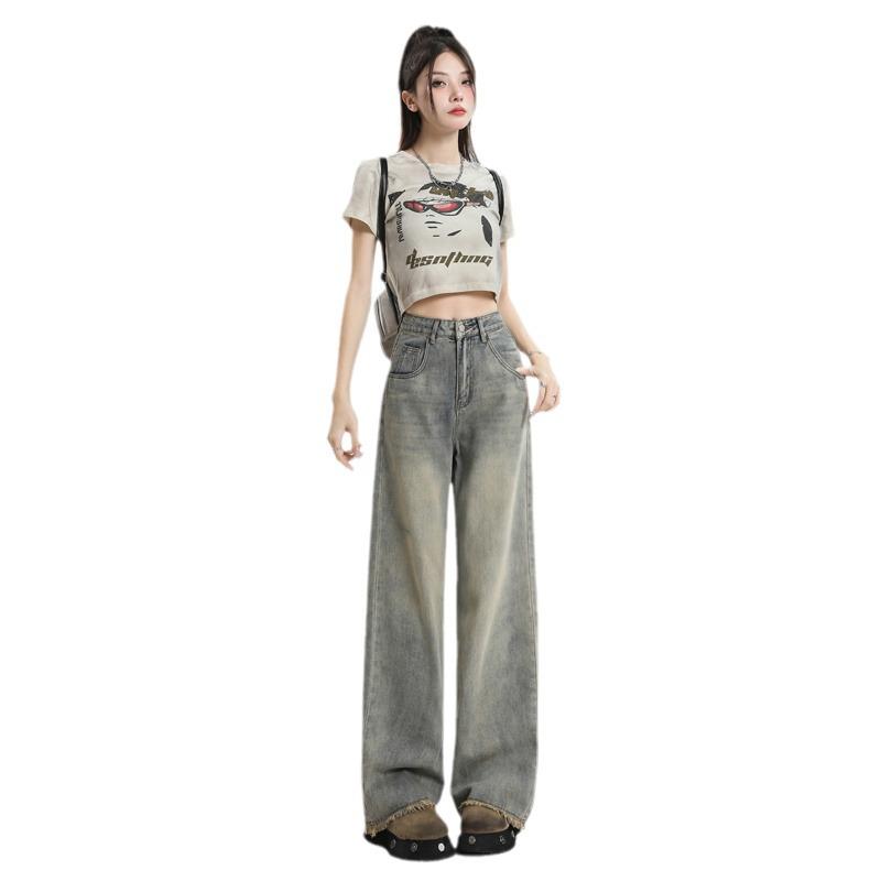 2024 Summer Women's High Waist Retro Distressed Wide-Leg Pants with Raw Hem