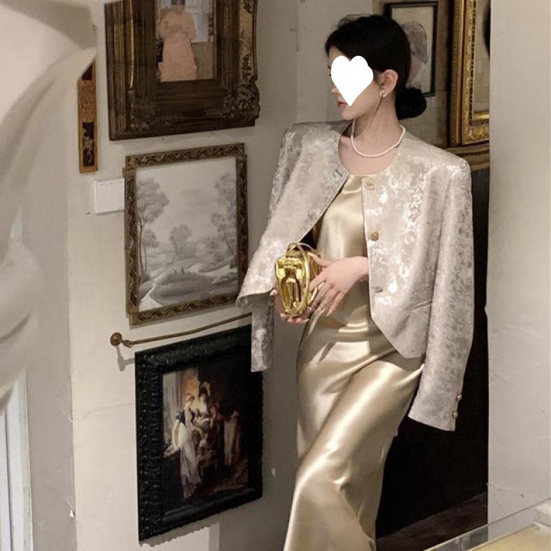 Elegant Women's Jacquard Jacket & Acetate Satin Dress Set