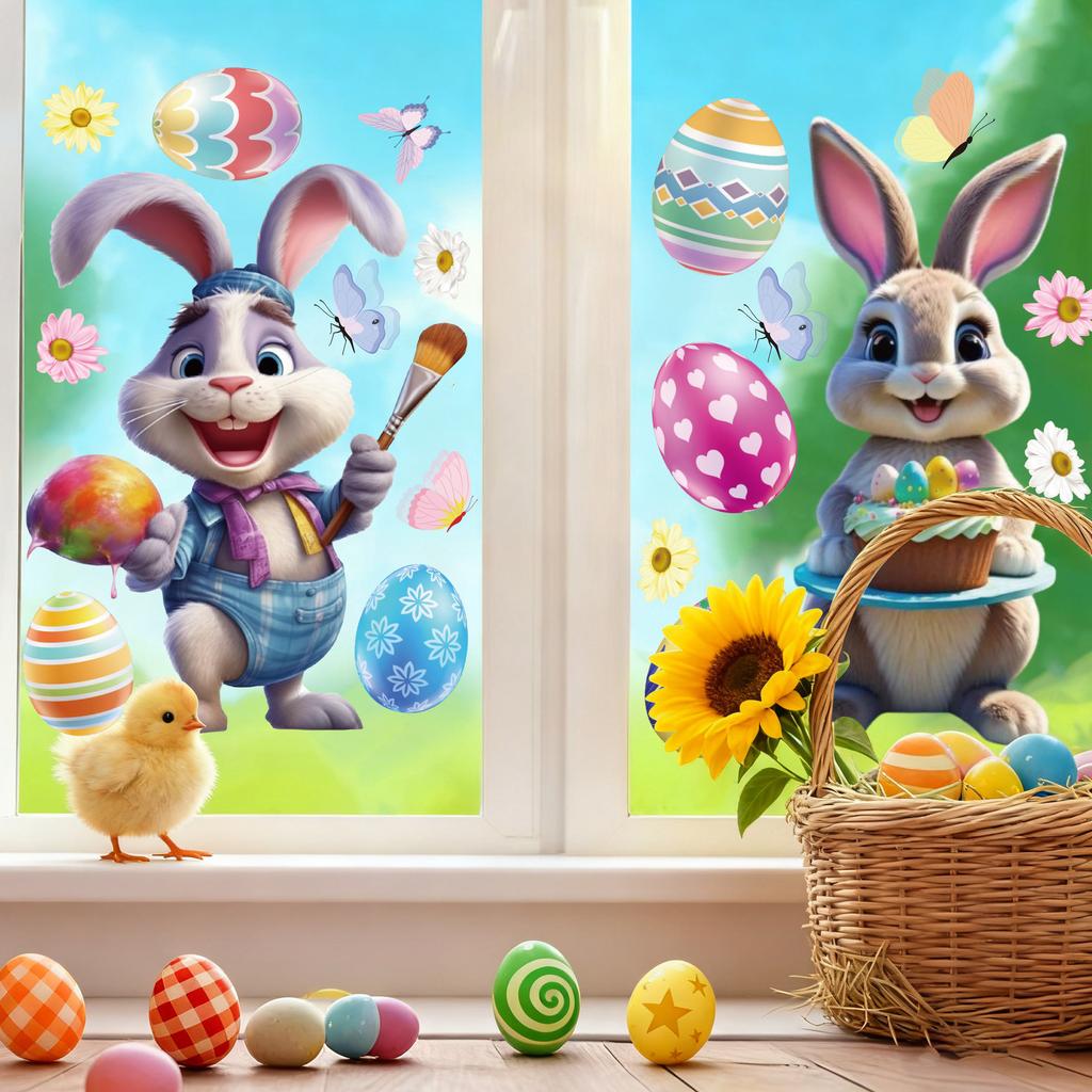 Ostern Statische Haftaufkleber Cartoon Eier Hasen für Fenster Wanddeko Zuhause Feiertagsdekoration