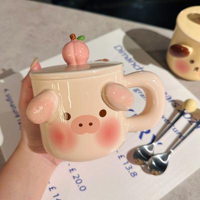 Cute Ceramic Puppy Mug with Lid Spoon Card Animal Pink Girlish Office Water Cup Coffee Cup