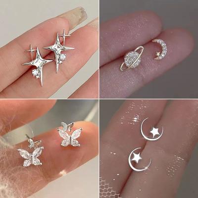 Trendy Silver Sparkling Star Zircon Stud Earrings for Women Girl Korean Butterfly Planet Earrings Jewellery Accessories