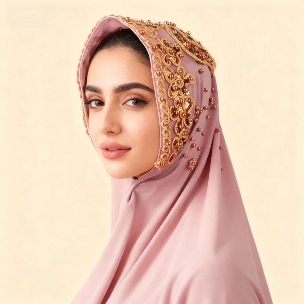 Gold Beads Pearl Chiffon Hijab Scarf Silk Sequin Wraps Shawl Headwraps Islamic Turban  Female