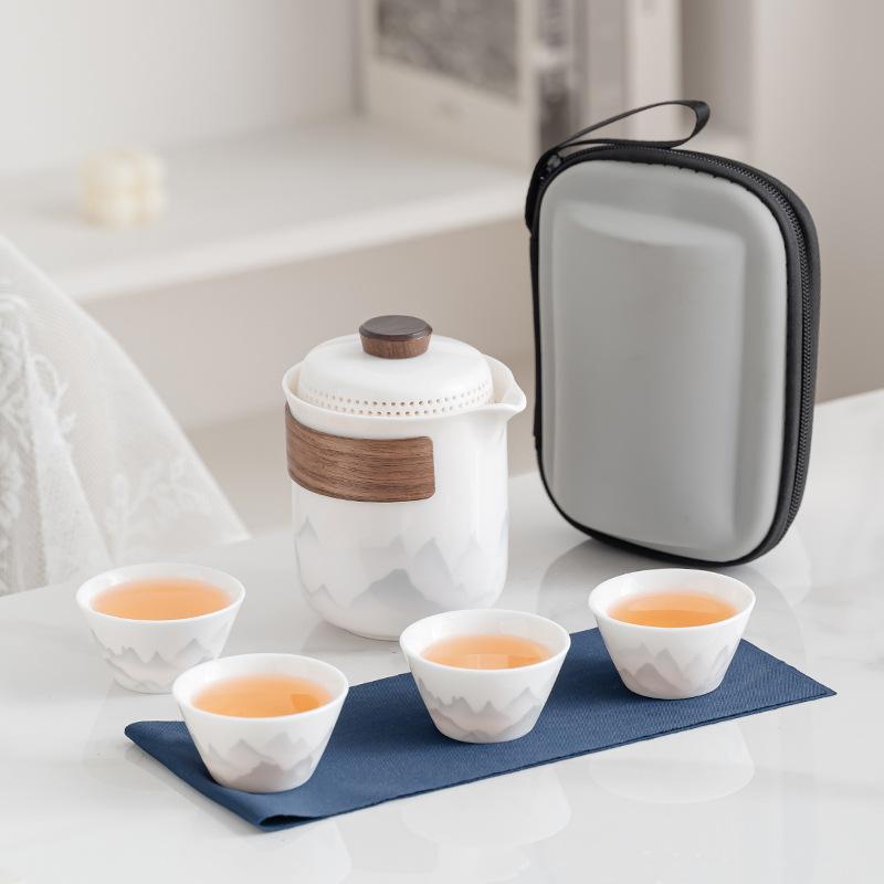 National Style White Porcelain Ink Travel Kung Fu Tea Set Portable Outdoor Camping Business Tea Drinking