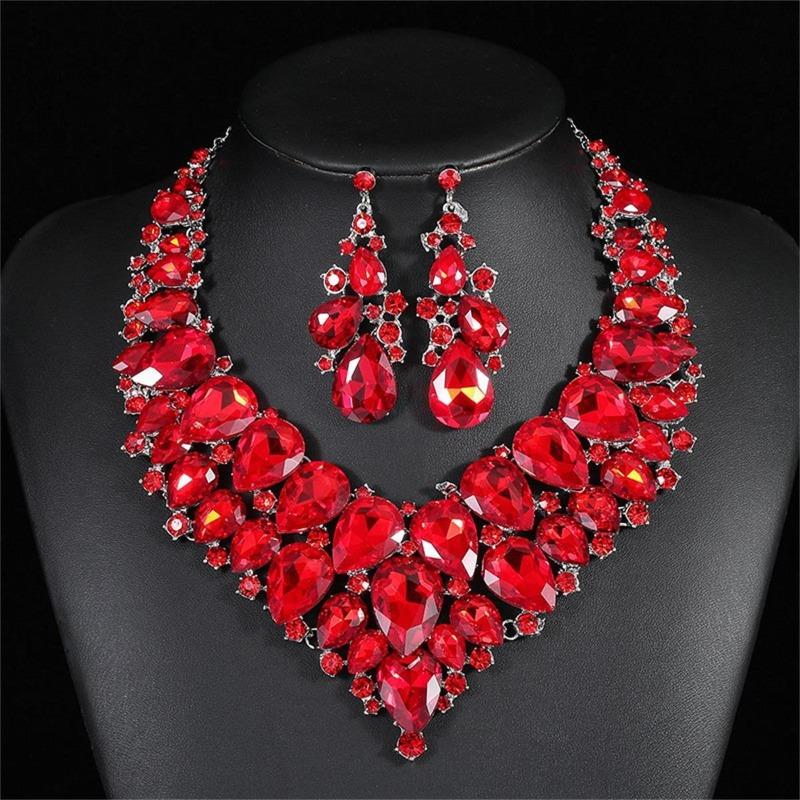 European and American Exaggerated Atmosphere Red Crystal Necklace Earrings Set, Bridal Wedding Alloy Jewelry Women's Accessories