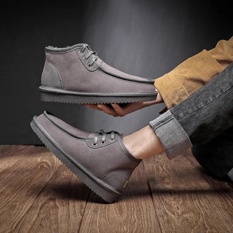 Mode Hiver Homme Bottines de Neige d'Extérieur Doublées de Véritable Peau de Mouton et Fourrure Naturelle Antidérapantes Bottines Cheville Chaussures Chaudes en Coton Classiques Rétro 40 gris