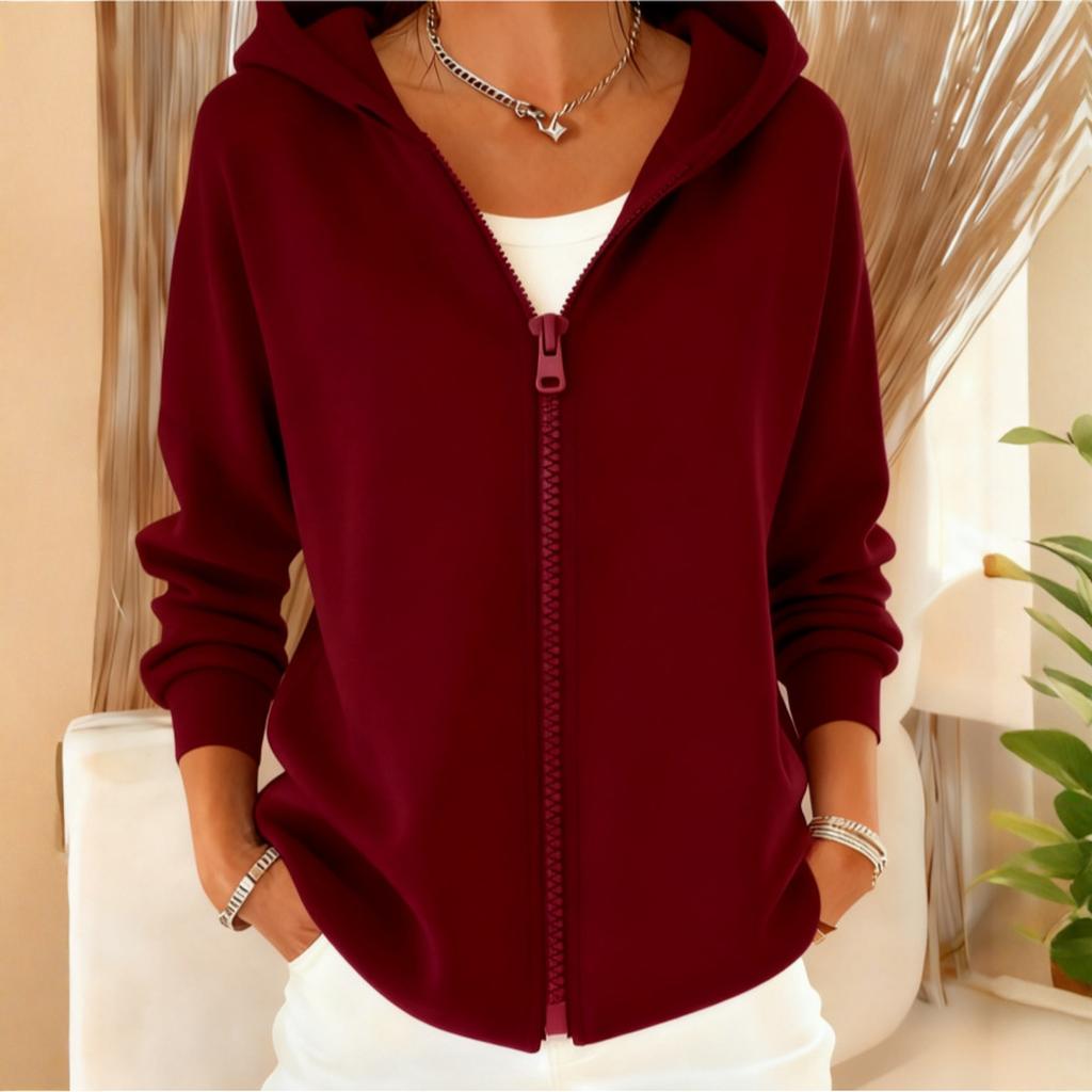 Fashionable Women's Loose Casual Solid Color Hooded Zippered Long Sleeve Jacket