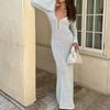 European-American Backless V-Neck Hollow Long-Sleeve Beach Dress with Buttons