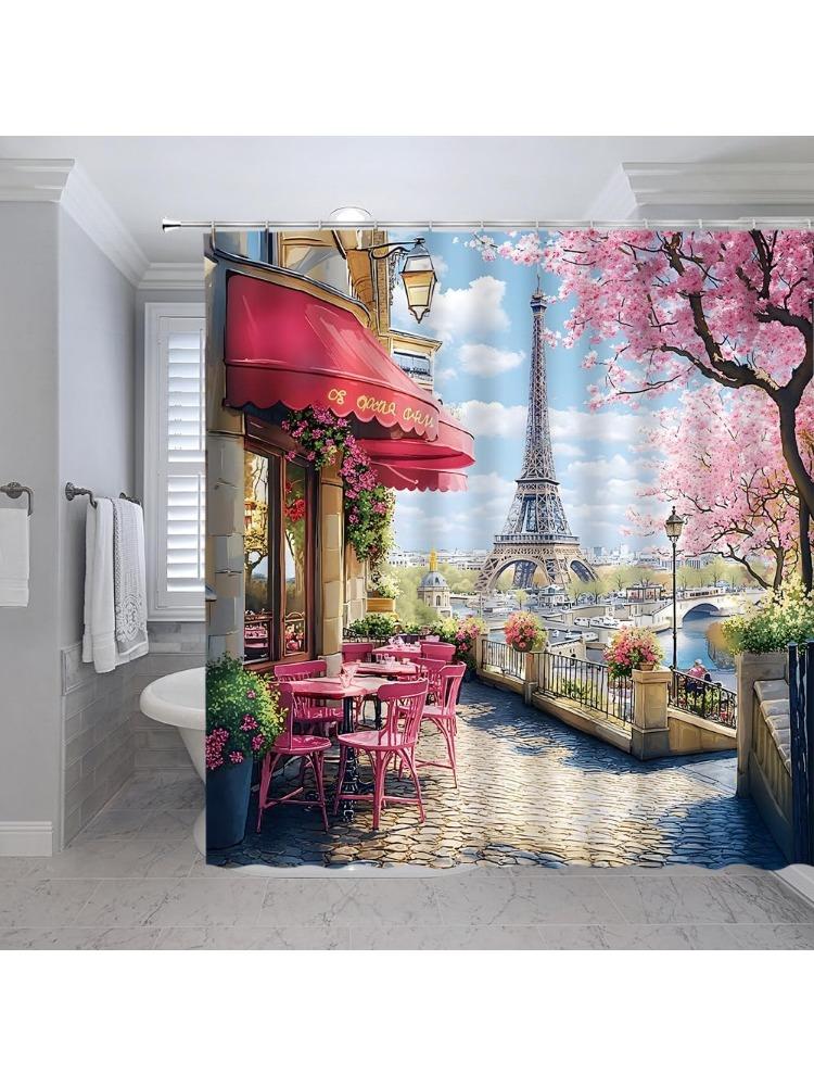 Paris European Shower Curtain Ancient Architecture Eiffel Tower French Romantic Cafe Nature Spring Floral Street Town City 90x180CM