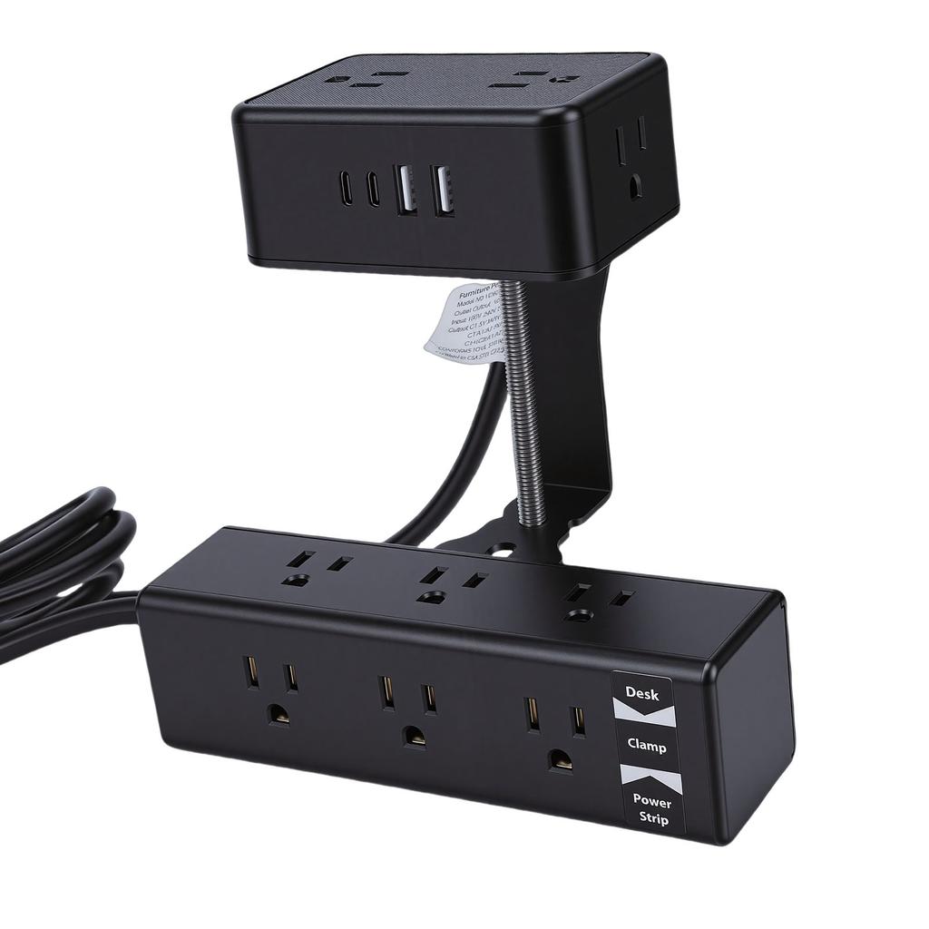 Dual Layer Desk Clamp Power Strip 12A 1500W 13 AC Outlets 2 USB A 2 USB C Ports Edges Mount Power Strip with 2m Cord