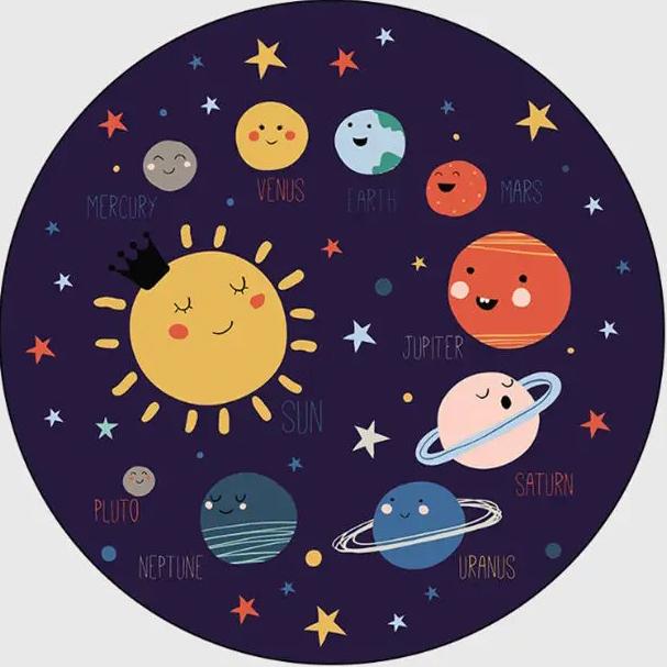 Kids Space Round Rug Collection Cartoon Planet Rocket Alien Pattern Educational Carpet For Children's Room Decor