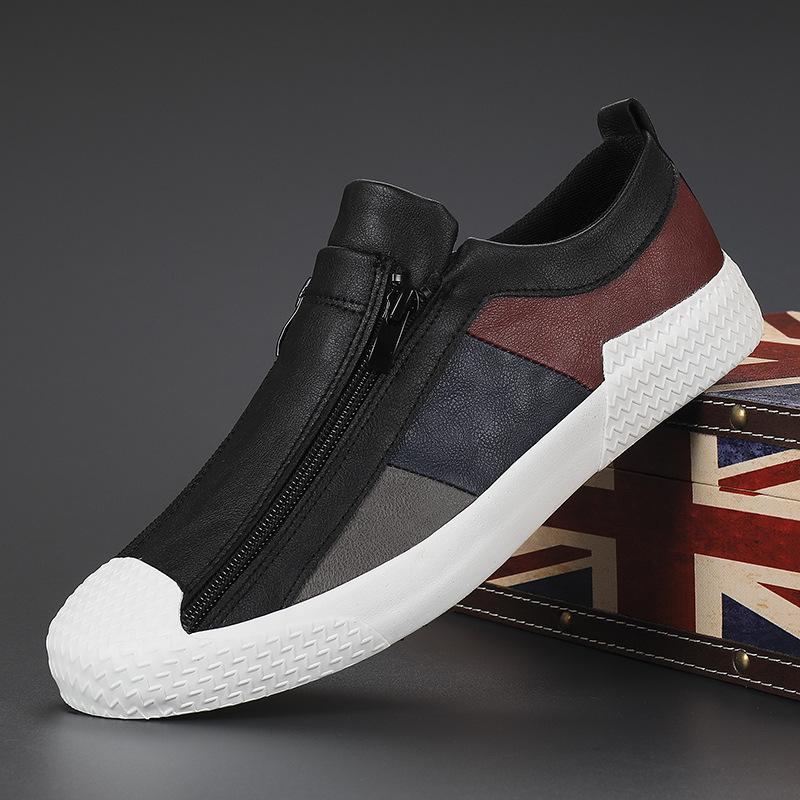 New Men'S Casual Sports Shoes Flat Vulcanized Shoes Men Pu Leather Zipper Loafers Spring Autumn Fashion Trendy Sneakers