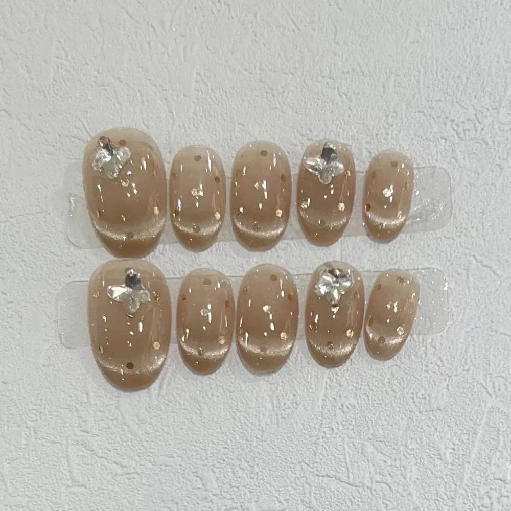 Summer Sweetheart Handmade Full Cover False Nails Kawaii Cartoon Cat Flower Cat Eye Short Square Reusable Fake Nail Stickers