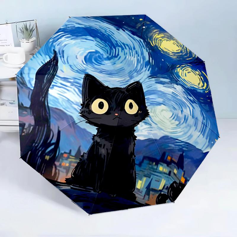 Starry Night Cat 8-Frame for Travel, Camping, Casual Lightweight Portable Umbrella, Essential for Every Family Holidays Birthday Gift