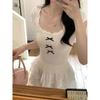 Ballet Lace Patchwork Slim-Fit Square Neck T-Shirt for Women