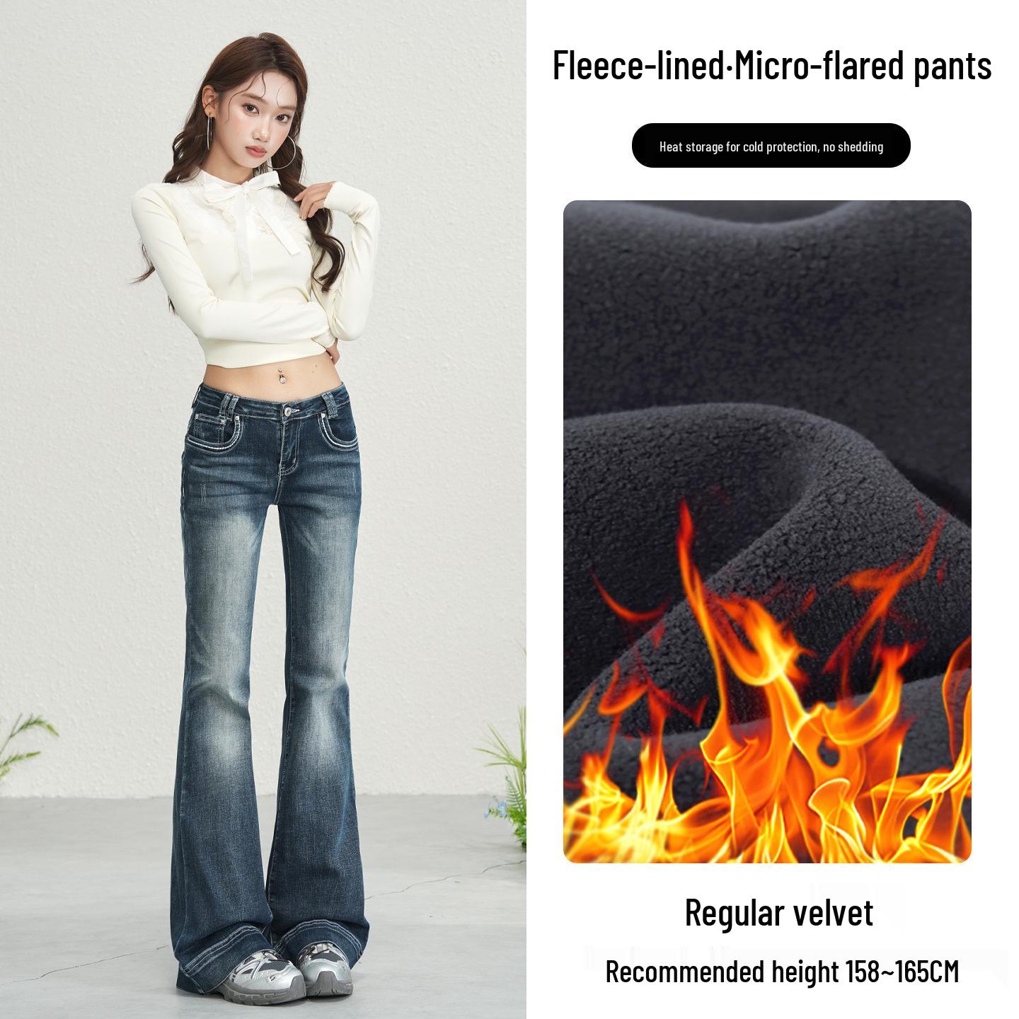Women s High-Waisted Retro Washed Micro-Flare Jeans with Plus Velvet 2XL [129-143 lbs]