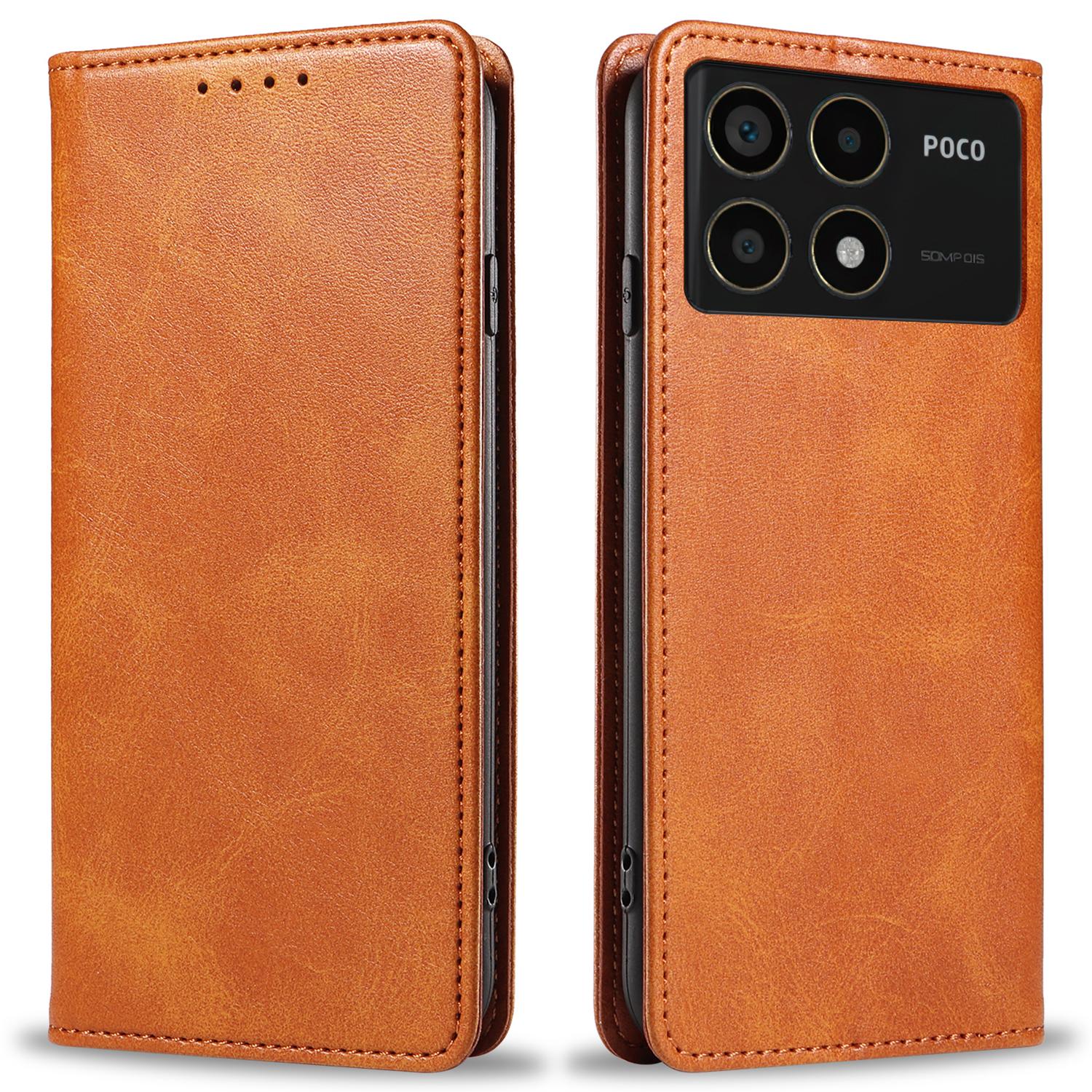 

For Xiaomi Redmi K70 5G/K70 Pro 5G/Poco F6 Pro 5G Case Stand Leather Phone Cover Calf Texture Khaki