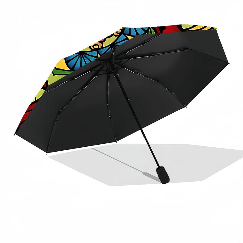1pc Sturdy 8-Bone Auto Umbrella, Colorful Flower Mandala Umbrella, Digital Printed, Foldable Umbrella for On-the-Go Outdoor Use