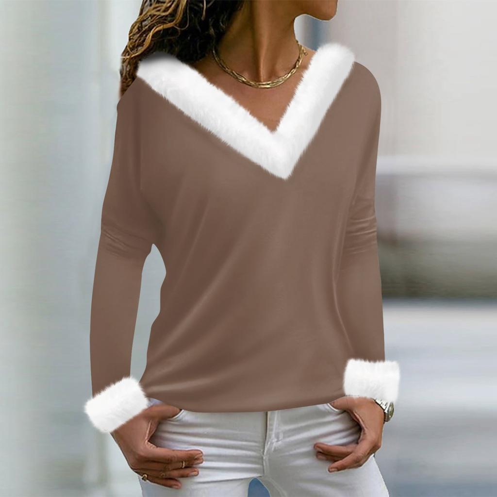 Damen T-Shirt Tee Print Shirt Langarm Party Fleece Kragen V-Ausschnitt Top