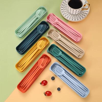 Couverts Cuillère Fourchette Baguettes Couteau avec Boîte pour Enfants Adultes Voyage Portables Paille de Blé Couverts