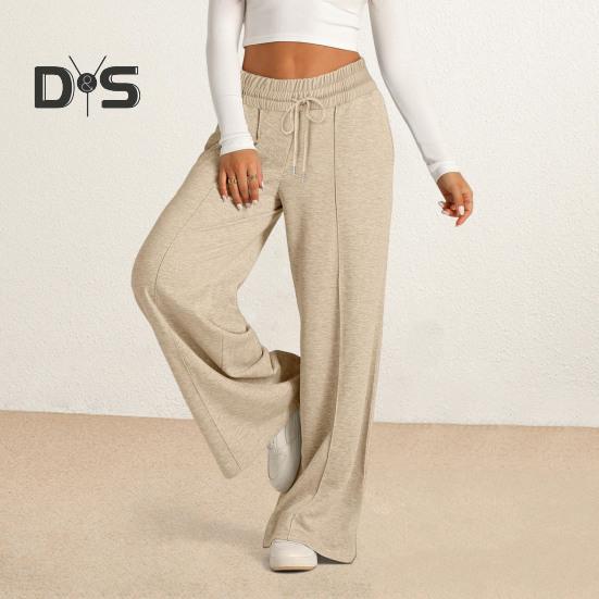 Women Sweatpants Elastic Mid-rise Adjustable Drawstring Straight Wide Leg Jogger Athletic Pants with Pockets Loose Fit Yoga Trousers