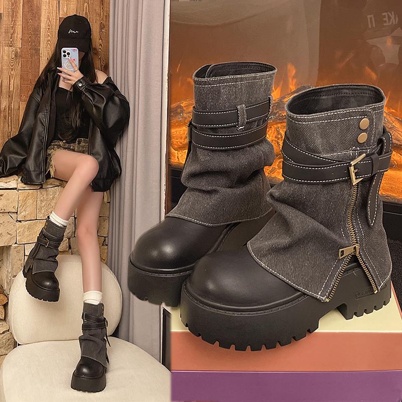 Ankle Boots for Women Cowboy Flats Platform Shoes  Fashion Designer Zipper Winter Gothic Boots New Walking Dress Mujer Botas