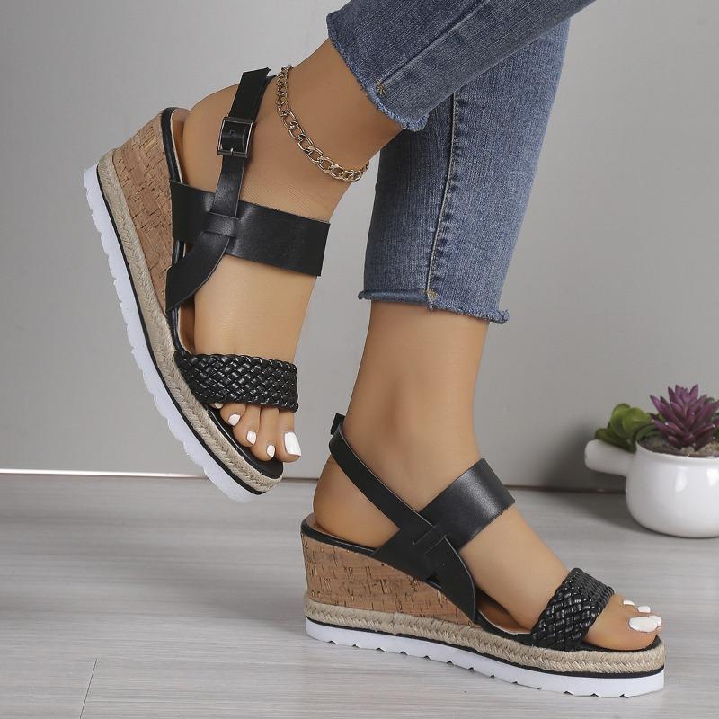 Large Size One-word with Wedge Sandals Women's Summer Cross-border Buckle Thick-soled Woven Lightweight Beach Sandals