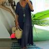 HNXC Women Summer Fashion Solid V-Neck Plus Size Dress Loose Long Oversized Casual Short Sleeve Dress
