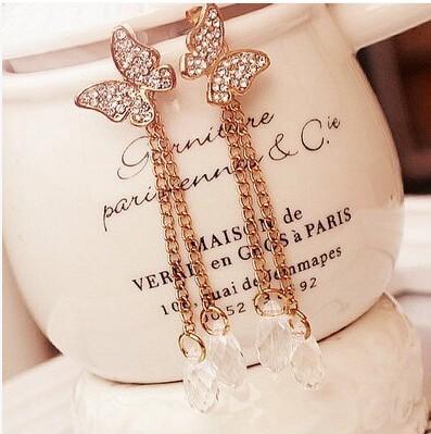 Korean butterfly, long water drop pendant stud earrings with diamond tassel, dual-purpose earrings.