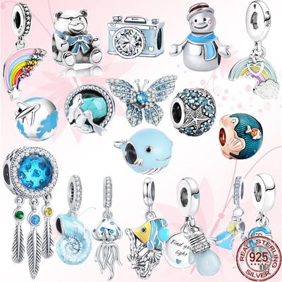 925 Sterling Silver Blue Butterfly Puffer Rybí korálek Duhový Papoušek Chobotnice Visací přívěsek Fit Originální módní náramek Šperky Dárek