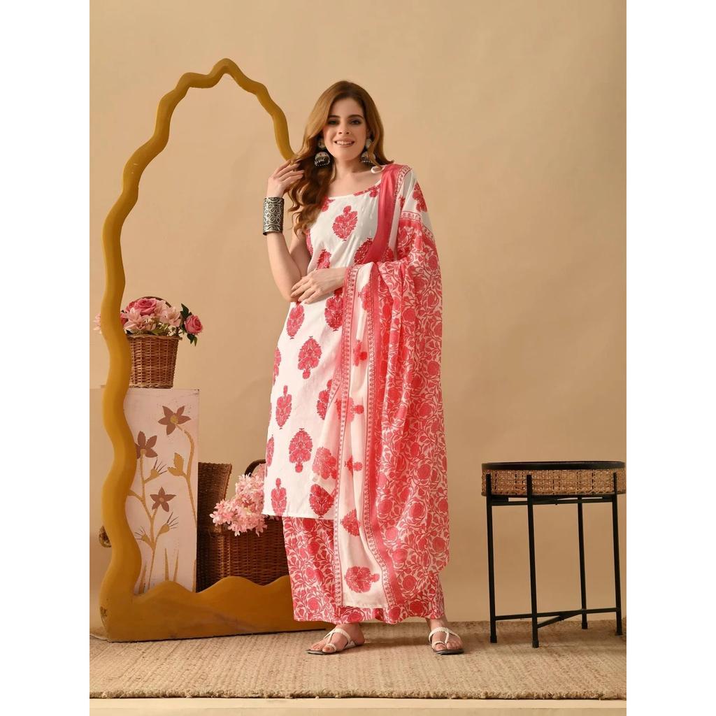 Beautiful Printed Cotton Rayon Kurta Set Pakisatni Top Kurti Palazzo Dupatta Set