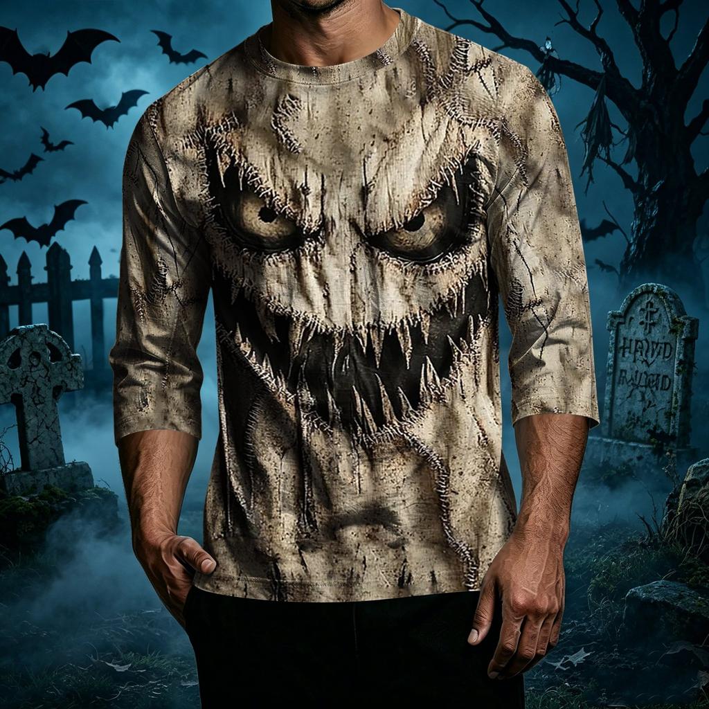 Men's Casual Halloween Graphic T-Shirt Three Quarter Sleeve Crew Neck Top Lightweight Comfortable Fit