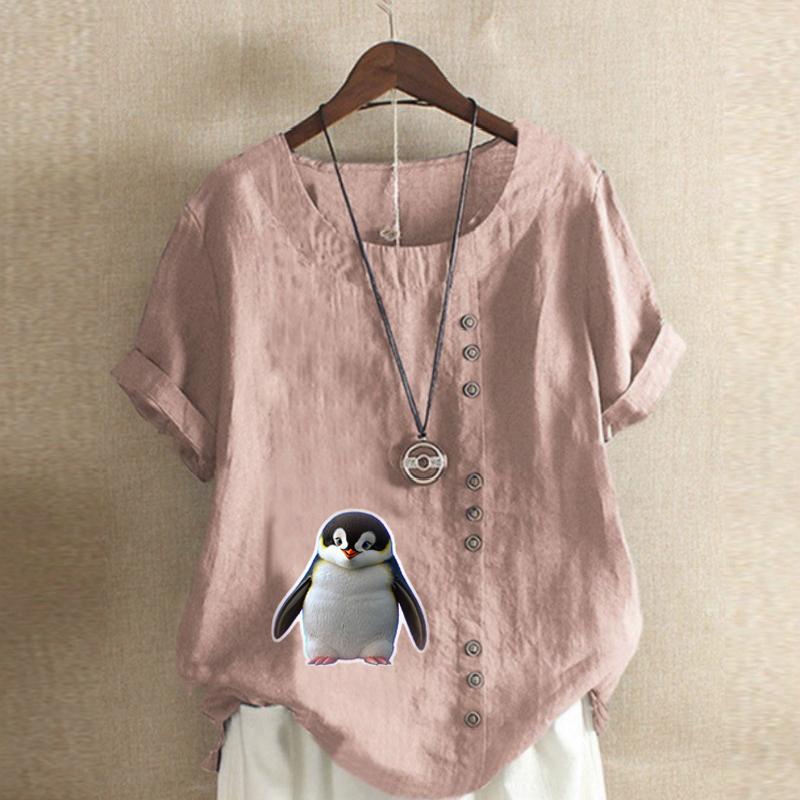 Women's Fashion Penguin Prined Round Neck Short Sleeve T-shirt Casual Cotton Linen Graphic Shirt Leisure Loose Summer Blouse Tops