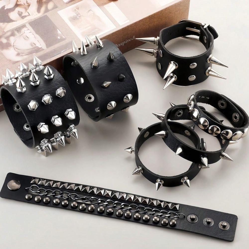 Punk Hip-Hop Fashion Bracelet And Wristband Set, Gothic Clothing Accessories For Men And Women, Rock Pu Leather Bracelet