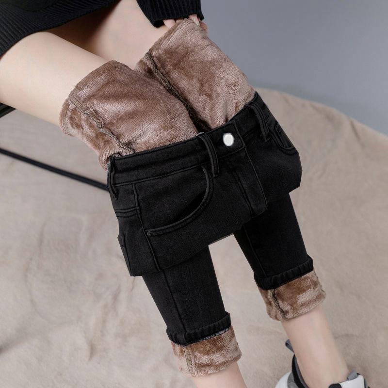 

Women s High Waist Slim Velvet Denim Jeans - Loose Fit, Elastic, Versatile Straight Leg, Autumn/Winter 2021 Style. 26 чёрный