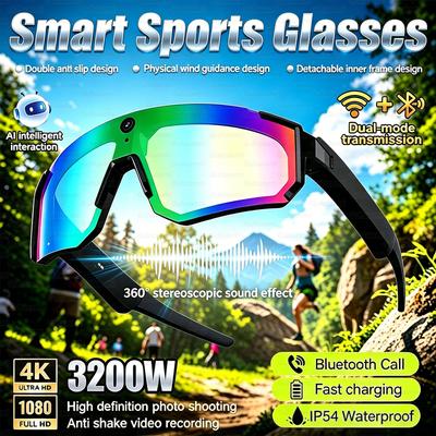 AI Smart Sports Glasses with 32MP HD Camera 360°Stereo Sound IP65 Waterproof Bluetooth Call Music Player Goggles for Cycling Men