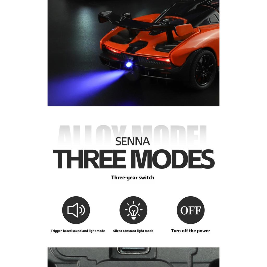 1/24 McLaren Senna Spray Sports Car Model Simulation Sound and Light Car Model Ornament Boy Gift Halloween Toys