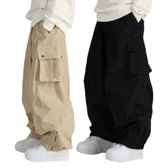 Men Pants with Multi Pockets Elastic Waist Ankle-banded Oversized Vintage Cargo Pants Solid Color Streetwear Slacks for Outdoor Hiking Camping