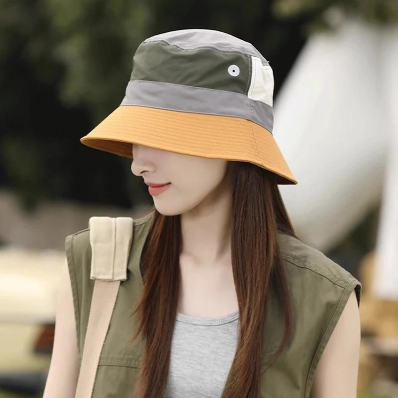 1Pcs Summer Color Block Sun Hat for Women UV Protection Breathable Fishing Camping Hiking Bucket Hat With Windproof Rope Caps