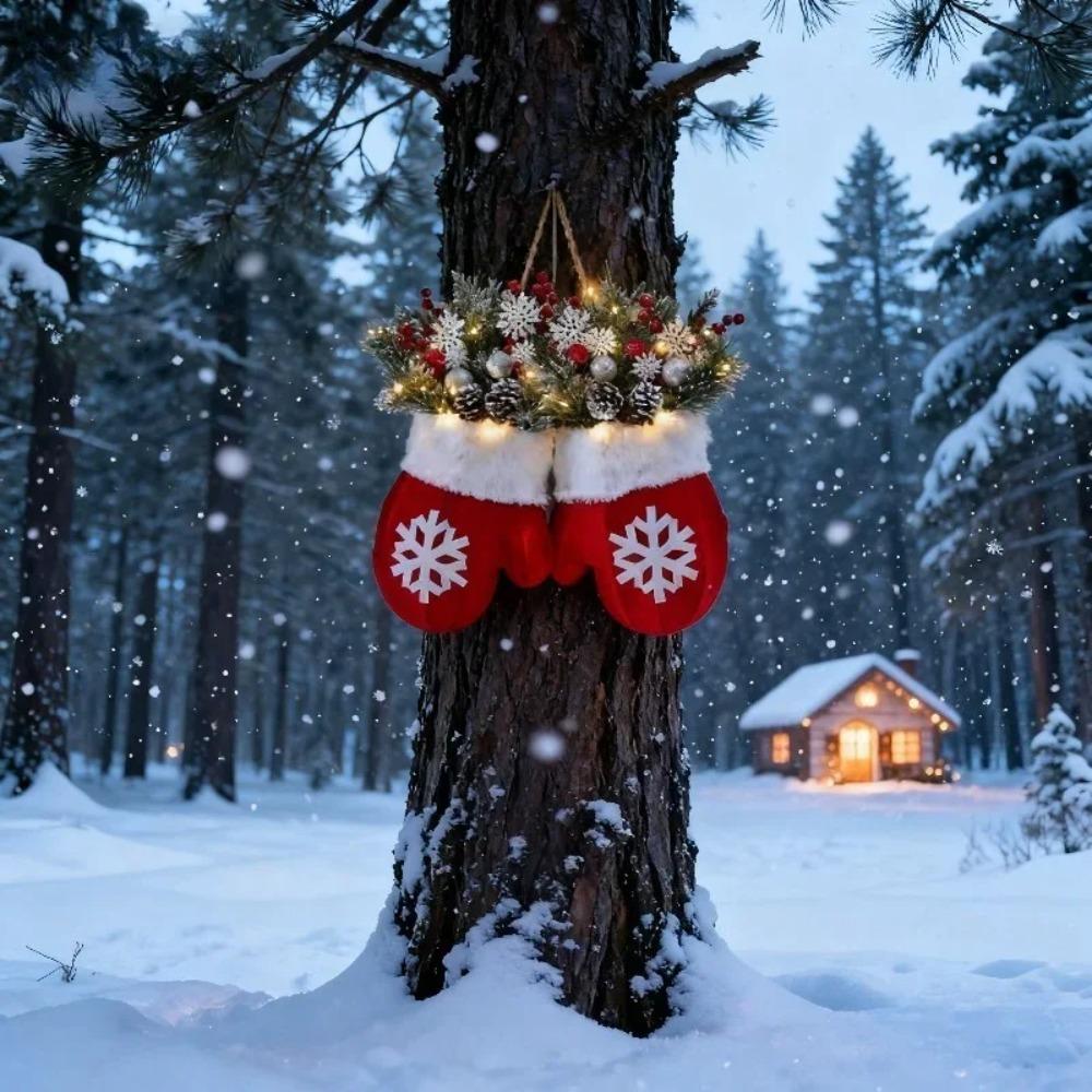 With LED Lights Christmas Mitten Wreath Artificial Berries Christmas Door Garland New Year