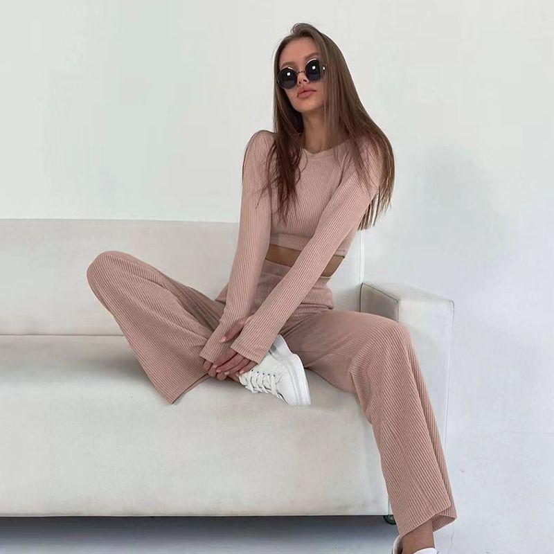 Fashion Style Short Top and Trousers Fashion Sunken Stripe Knitting Suit Knitted Top and Pants Set