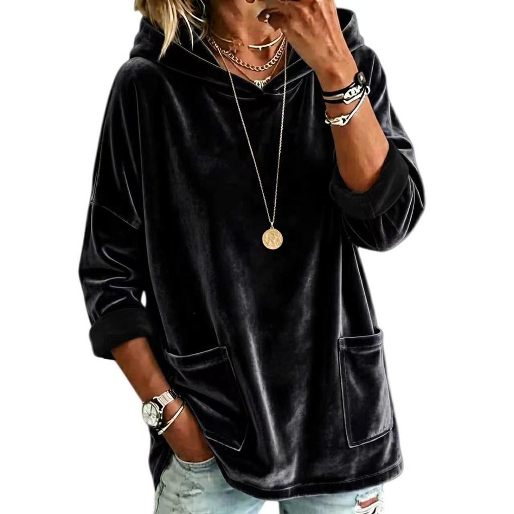 Women S Loose Hooded Long Sleeve Batwing Sleeve Sweatshirt Solid Color