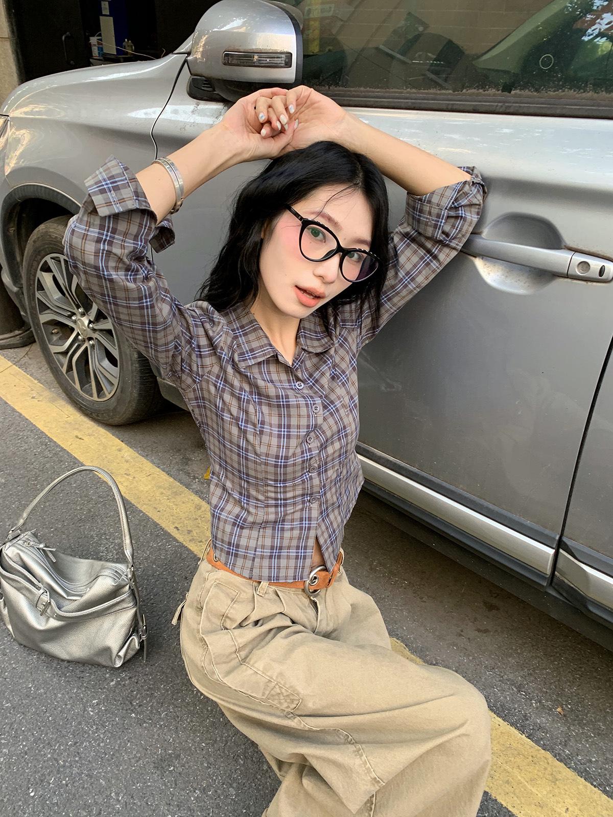 Stylish Plaid Lace-up Shirt - Women s Spring 2026 Collection, Short or Long Sleeves One Size